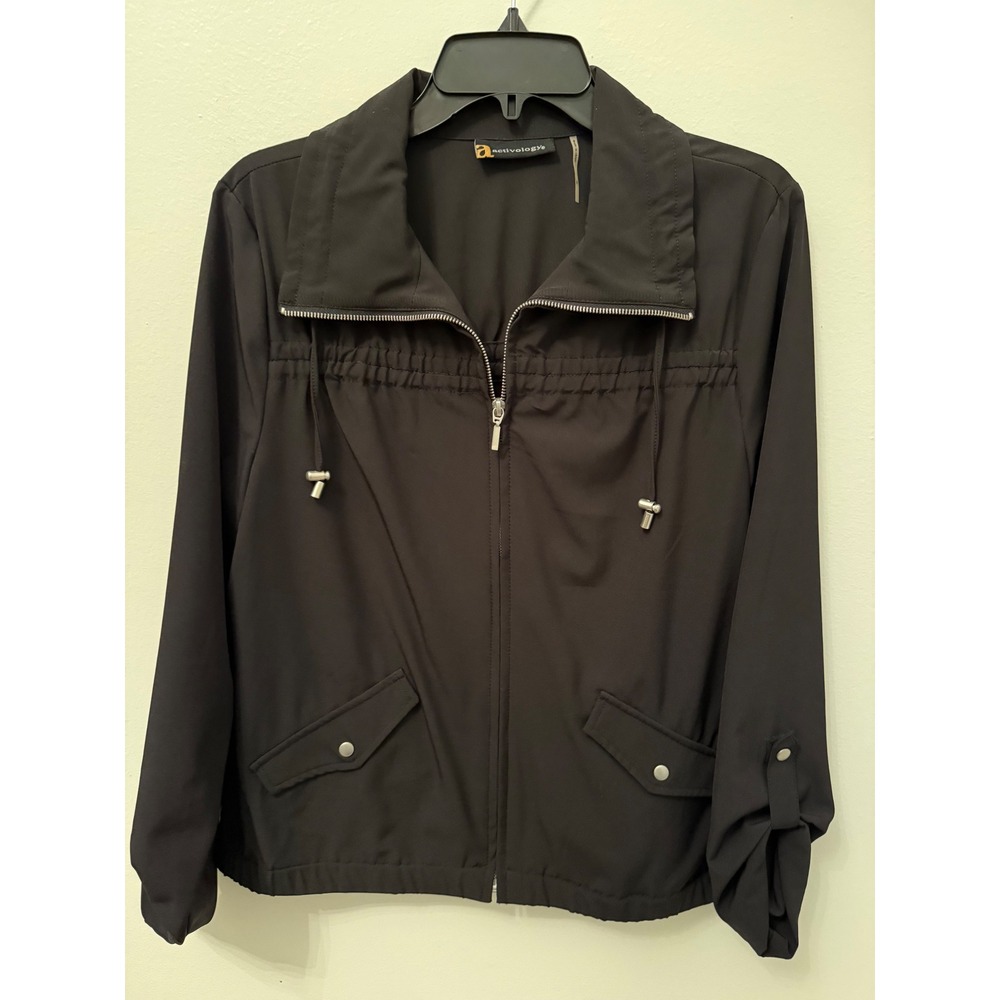 Activology Women's Black Collared Full Zip Jacket Elastic Waist Drawstring M